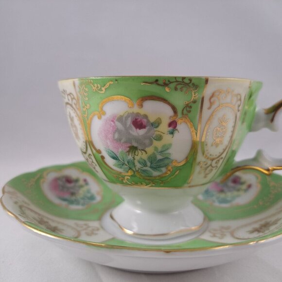 Thames Green Bone China Floral Tea Cup Saucer Gold Trimmed Vintage - Picture 2 of 16